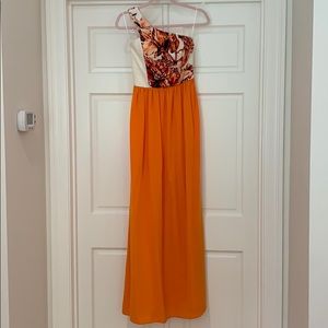 Sachin + Babi one shoulder orange & white dress